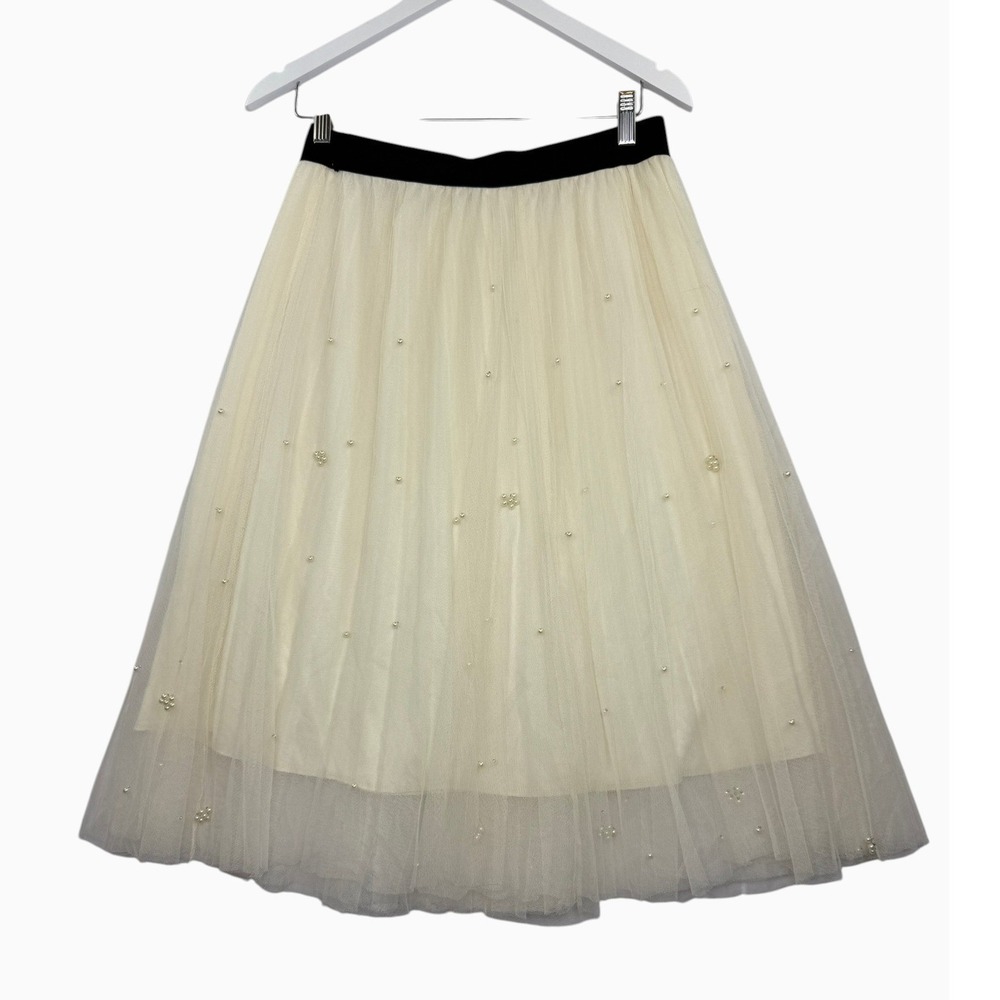 Sadie & Love Women's Large Ivory Tulle Pearl Midi Skirt Black Elastic Waist